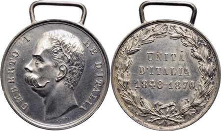 SAVOIA - Umberto I Medaglia 1883 - Unità d'Italia 1848-1870 Ø: 32 mm. - (AG g. 11,7) RR Bramb. I pag. 347. Hairlines. qFDC