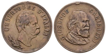 SAVOIA. Umberto I (1878-1900). Medaglia con effigie del re e di Giuseppe Garibaldi al rov. Cu; BB