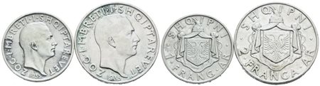 ALBANIA. Zog I (1928-1939). Interessante lotto di 2 monete da 1 e 2 franga 1935. Ag; 
