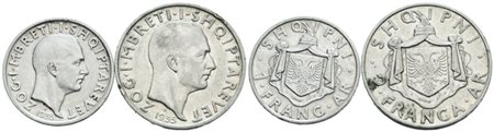 ALBANIA. Zog I (1928-1939). Interessante lotto di 2 monete da 1 e 2 franga 1935. Ag; Conservazioni varie.