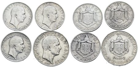 ALBANIA. Zog I (1928-1939). Interessante lotto di 4 monete da 1 e 2 franga 1937. Ag; Conservazioni varie.