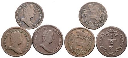 AUSTRIA. Maria Teresa d'Asburgo (1740-1780). Lotto d 3 monete da 1/2 kreuzer 1764, 1 pfennig 1759, 1765. Cu; Conservazioni varie.