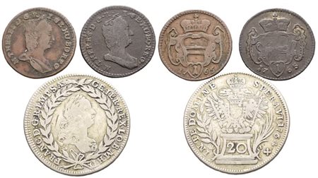 AUSTRIA. Maria Teresa d'Asburgo (1740-1780). Interessante lotto d 3 monete da 1 pfennig 1765 Cu, 20 kreuzer 1764 Ag. Conservazioni varie.