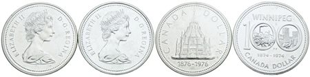 CANADA. Elisabetta II (1952-2022). Lotto di 2 monete da 1 dollaro 1974, 1976 Ag; FDC