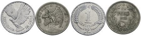 CILE. Lotto di 2 monete da 1 peso 1933, 1 centesimo 1961. Metalli e conservazioni varie.
