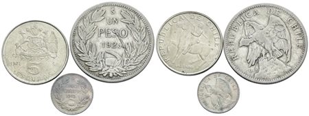 CILE. Lotto di 3 monete di cui 2 in argento. Nominali, date e conservazioni varie.