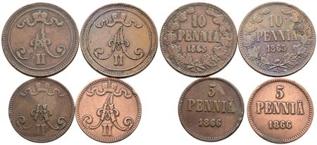 FINLANDIA. Alessandro II (1855-1881). Lotto di 4 monete da 10, 5 pennia. Cu; Date e conservazioni varie.