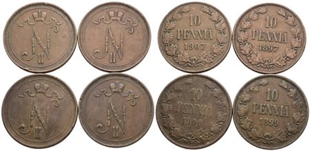 FINLANDIA. Nicola II (1894-1917). Lotto di 4 monete da 10 pennia 1897, 1899, 1900, 1907. CU. Conservazioni varie.
