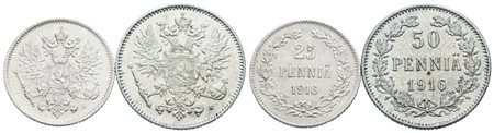FINLANDIA. Nicola II (1894-1917). Lotto di 2 monete da 25, 50 pennia 1916. Ag. Conservazioni varie.