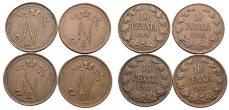 FINLANDIA. Nicola II (1894-1917). Lotto di 4 monete da 10 pennia 1908, 1911, 1915, 1916. Cu. Conservazioni varie.