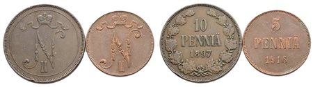 FINLANDIA. Nicola II (1894-1917). Lotto di 2 monete da 10 pennia 1897, 5 pennia 1916. Cu. Conservazioni varie.