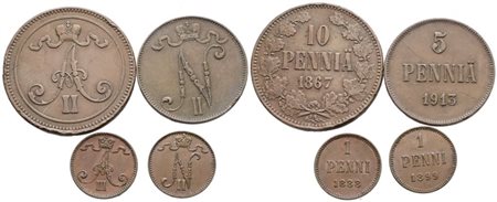 FINLANDIA. lotto di 4 monete da 1, 5, 10 pennia. Cu; Date e conservazioni varie.