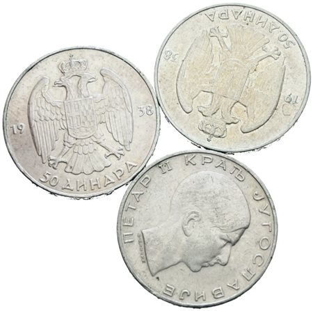 JUGOSLAVIA. Alessandro I (1918-1941). Lotto di 3 monete da 50 dinari 1938. Ag; Conservazioni varie.