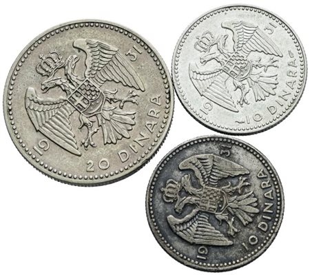 JUGOSLAVIA. Alessandro I (1918-1941). Lotto di 3 monete da 20, 10 dinari 1931. Ag; Conservazioni varie.