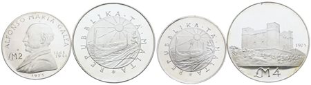 MALTA. Lotto di 2 monete da 2, 4 lire 1975. Ag; FDC