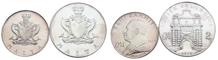 MALTA. Lotto di 2 monete da 1, 2 lire 1973. Ag; FDC