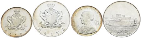 MALTA. Lotto di 2 monete da 1, 2 lire 1972. Ag; FDC