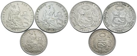 PERU'. Lotto di 3 monete da 1 sol e 1/2 sol. Ag; date e conservazioni varie.