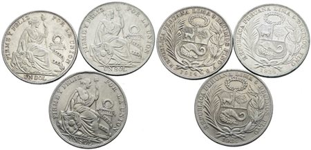 PERU'. Lotto di 3 monete da 1 sol 1914, 1924, 1934. Ag; conservazioni varie.