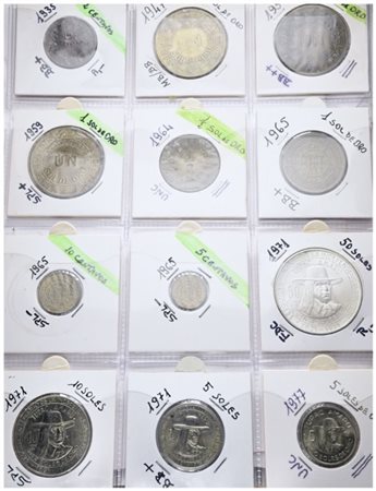 PERU'. Lotto di 12 monete. Nominali, metalli, date e conservazioni varie.