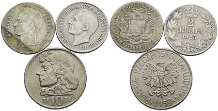POLONIA - SERBIA - VENEZUELA. Lotto di 3 monete. Ag, Cu; Date e conservazioni varie.