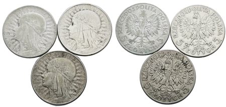 POLONIA. Lotto di 3 monete da 5 zlotych 1932, 1934, 1934. Ag; Conservazioni varie.