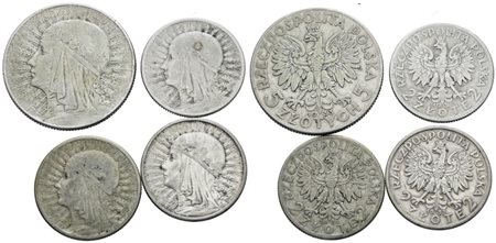 POLONIA. Lotto di 4 monete da 5, 2 zlotych. Ag; Date e conservazioni varie.