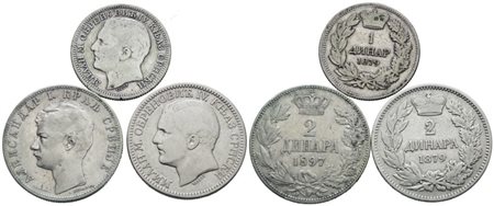 SERBIA. Interessante lotto di 3 monete da 2 dinari 1879-1897, 1 dinaro 1879. Ag; Conservazioni varie.