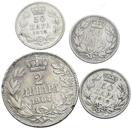 SERBIA. Pietro I (1882-1917). Lotto di 4 monete da 2 dinari, 5 para. Ag; Conservazioni varie.