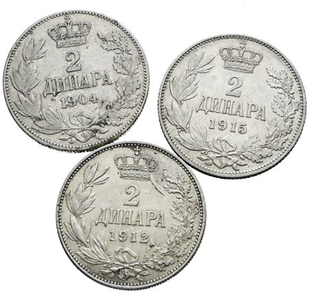 SERBIA. Pietro I (1882-1917). Lotto di 3 monete da 2 dinari 1904, 1912, 1915. Ag; Conservazioni varie.