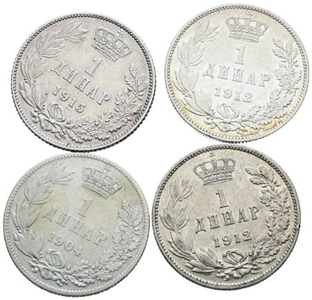 SERBIA. Pietro I (1882-1917). Lotto di 4 monete da 1 dinar. Ag; Date e conservazioni varie.