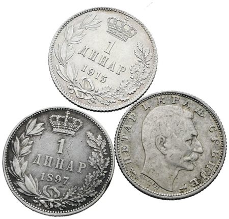 SERBIA. Pietro I (1882-1917). Lotto di 3 monete da 1 dinar. Ag; Date e conservazioni varie.