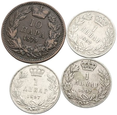 SERBIA. Lotto di 4 monete da 1 dinar 1897 Ag, 10 para 1879 Cu. Conservazioni varie.