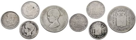 SPAGNA. Alfonso XIII (1885-1931). Lotto di 4 monete. 2 pesetas 1892; 50 centesimi 1900, 1904, 1910. Conservazioni varie. Ag