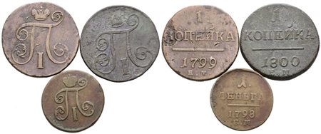 RUSSIA. Paolo I (1796-1801). Lotto di 3 monete da 1 copeco.. Cu; Date e conservazioni differenti.
