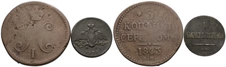 RUSSIA. Nicola I (1825-1855). Lotto di 2 monete: 3 copechi 1843; 1 copeco 1837. Cu; Conservazioni varie