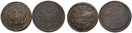 RUSSIA. Nicola I (1825-1855). Lotto di 2 monete: 2 copechi 1826; 3 copechi 1853. Cu; Conservazioni varie