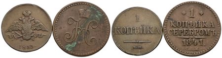 RUSSIA. Nicola I (1825-1855). Lotto di 2 monete: 1 copeco 1833 - 1841. Cu; Conservazioni varie