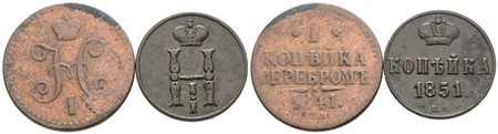 RUSSIA. Nicola I (1825-1855). Lotto di 2 monete: 1 copeco 1841; 1 copeco 1851. Cu; Conservazioni varie