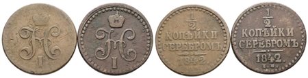 RUSSIA. Nicola I (1825-1855). Lotto di 2 monete da mezzo copeco 1842. Cu; Conservazioni varie