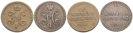 RUSSIA. Nicola I (1825-1855). Lotto di 2 monete da mezzo copeco 1841-1842. Cu; Conservazioni varie