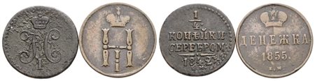 RUSSIA. Nicola I (1825-1855). Lotto di 2 monete da 1/4 di copeco 1842; mezzo copeco 1855. Cu; Conservazioni varie