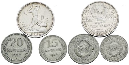 URSS. Lotto di 3 monete da 50, 20, 15 copechi 1925. Ag; Conservazioni varie.