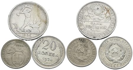 URSS. Lotto di 3 monete da 50, 20, 15 copechi. Ag; Date e conservazioni varie.