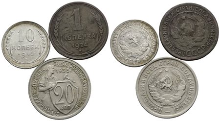 URSS. Lotto di 3 monete da 20, 10, 1 copechi. Ag e Cu; Date e conservazioni varie.