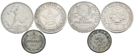 URSS. Lotto di 3 monete da 50 copechi 1921, 1924; 10 copechi 1923. Ag; Conservazioni varie.