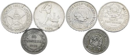 URSS. Lotto di 3 monete da 50 copechi 1921, 1924; 20 copechi 1923. Ag; Conservazioni varie.