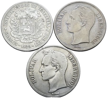 VENEZUELA. Lotto di 3 monete da 5 bolivar da 25gr cadauno. Ag; Date e conservazioni varie.