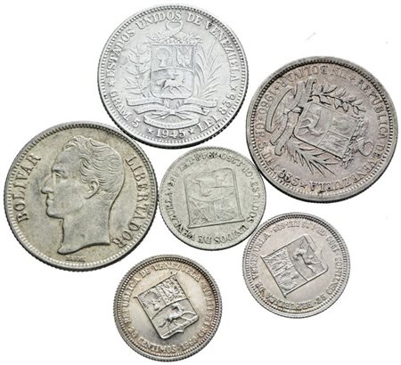VENEZUELA. Lotto di 6 monete da 1 bolivar e 25 centesimi di bolivar. Ag; Date e conservazioni varie.