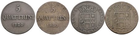 FIRENZE. GRANDUCATO DI TOSCANA. Leopoldo II (1824-1859), Lotto di 2 monete da 5 quattrini 1830. Cu; Gig.72; Conservazioni varie.